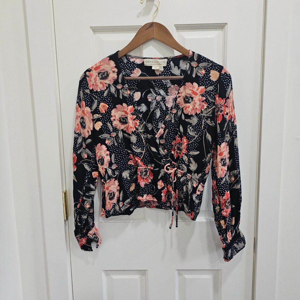 Saltwater Luxe Floral Polka Dot Wrap Blouse Black Coral XS Long Sleeve Tie Top